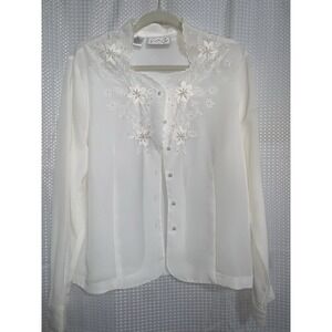 Kathy Che Women's Size 12 White Long‎ Sleeve Blouse Lace & Faux Pearl Accents